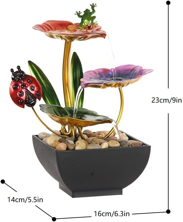 TiCin USB-Powered 3 Tier Tabletop Fountain, Metal Pedals with Insects, Natural River Rocks, and Reflective Lighting! for Home and Office Decor, Housewarming Sculpture