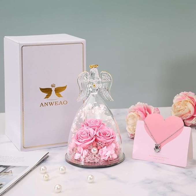 ANWEAO Mothers Day Flowers Gifts for Mom,Angel Gifts for Women,Birthday Gifts for Women,Preserved Real Rose in Glass Angel Figurines,Preserved Flower Gift for Grandma Mom Wife Girlfriend