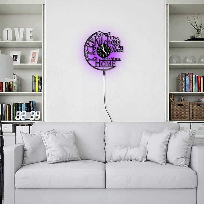 KingLive Kitchen Wall Clock with 7 Colors LED Light, Vintage Style Coffee Theme, Kitchen Coffee Bar Vinyl Record Decor