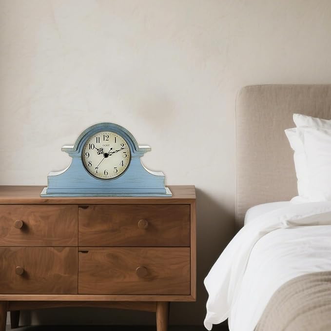 OCEST Vintage Farmhouse Mantel Clock - 13 x 7 Inch Quartz Gilt Finish Battery Operated, Contemporary Napoleon Classic Desk & Shelf Décor for Living Room Office Tabletop Bedside (Azure Blue)