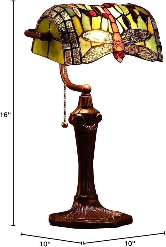 Bieye L10058 Dragonfly Tiffany Style Stained Glass Banker Table Lamp with 10-inch Wide Lampshade and Zinc Base for Reading Working Desk (Green)
