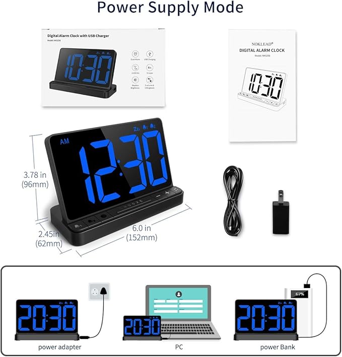 NOKLEAD Digital Alarm Clock for Bedroom, Large 6.5in LED Display with Snooze, 2 Alarms, USB Charging, 5 Ringtones, 3 Volume, Easy to Use Dimmable Clock for Kids, Seniors, Adults