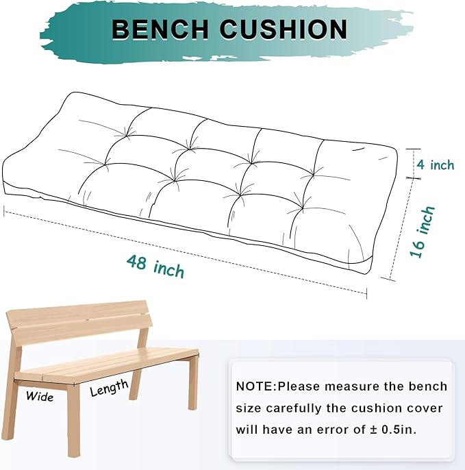 Bench Cushion 48 Inch - Chenille Fabric, High-Density Foam, Non-Slip Bottom, Soft Durable Indoor Tufted Long Seat Cushion for Window Garden Furniture (Teal, 48x16x4 Inch)