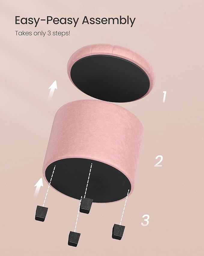 SONGMICS Round Ottoman, Ottoman with Storage, 17.7 x 17.7 x 17.5 Inches, Foot Rest with Legs, Velvet, Load up to 330 lb, for Living Room, Bedroom, Jelly Pink ULOM012R01