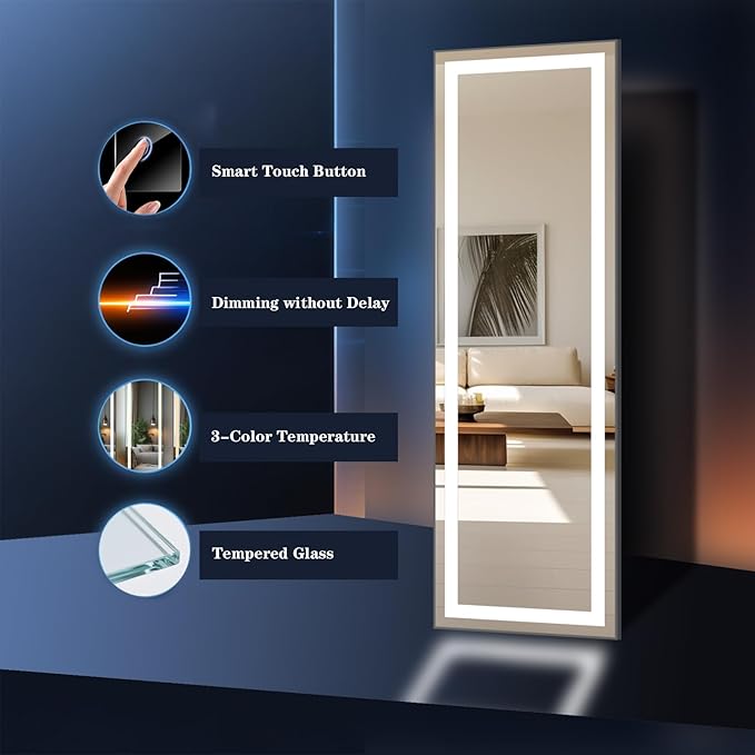 Kosmonia 66x22 Frameless Full Length Mirror, Dimmable 3 Color LED Light w/Memory Function, Distortion Free, HD Reflection & Anti Desilvering, Tempered Glass & Shatter Proof Film Doubling Safety