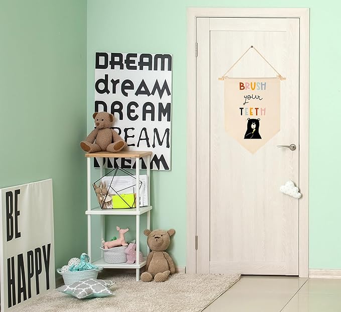Brush Your Teeth - Bathroom Wall Decor for Kids- Bear Theme Decor- Children Learning Sign- Flag Decor Gift For Kids Boys Girls - Banner Wall Sign Gifts for Bathroom