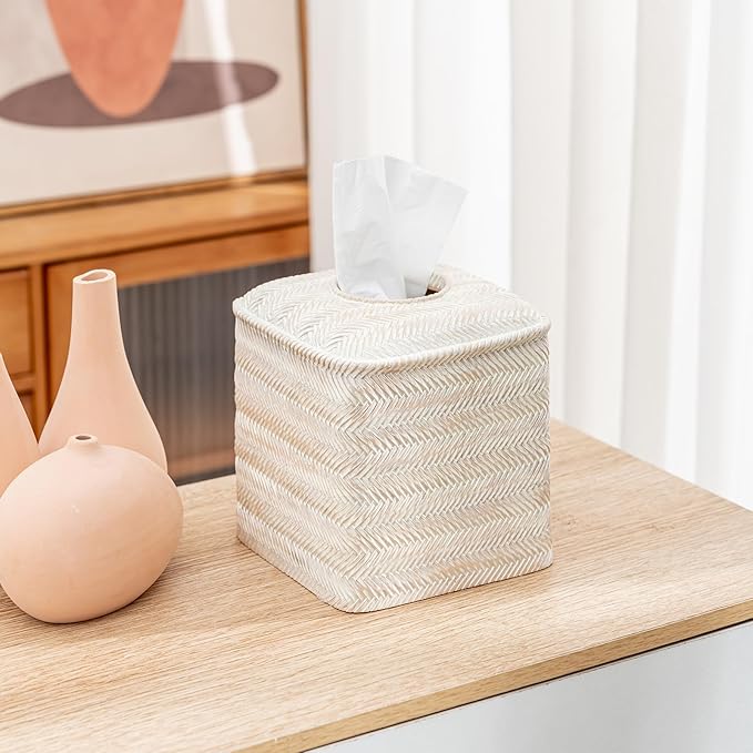 Tissue Box Cover Square Resin Tissue Holder for Home Decor,Hand Carved Wicker Tissue Box Holder,5.3 x 5.3 x 5.9 inches, Farmhouse White