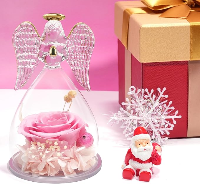 Yamonic Mom Birthday Gifts for Mom, Angel Figurines with Real Rose Gifts for Her Mom Grandma,Preserved Flowers Rose Angel Figurines for Mothers Day Christmas Anniversary Birthday Gifts for Her (Pink)
