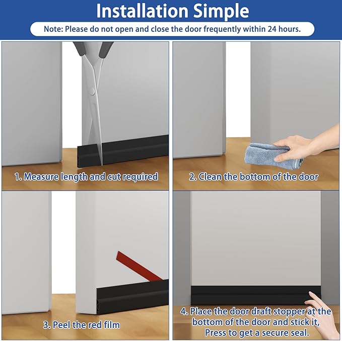 Under Door Draft Stopper, Self-Adhesive Door Sweep for Bottom of Door, Weather Stripping Doors Seal Soundproofing Insulation Strip, Doors Bottom Gap Blocker for Exterior/Interior (2M, Black)