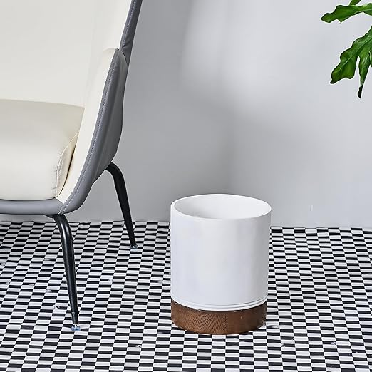 Polytree White Marble and Brown Wood Round Wastebasket, Resin Small Round Bathroom Trash Can 2.5 Gal(9 Liter) Small Kitchen Garbage Can,Living Room Bedroom Trash Can, Decor Wastebasket for Home Office