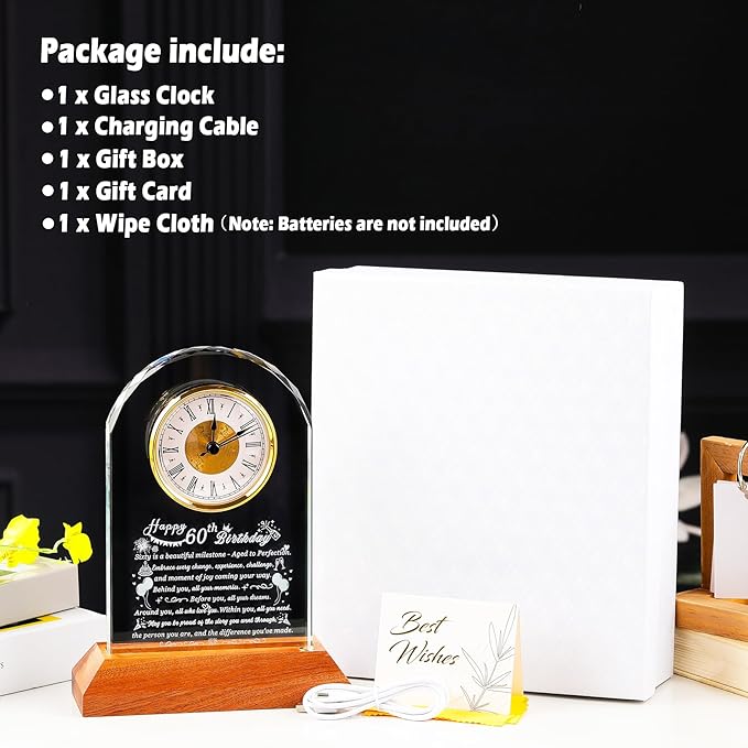 Happy 60th Birthday Glass Clock Gifts for Women, Men - 60 Year Old Birthday Gift with Wooden Light Base for Her Him, Turning 60 Quartz Clock Gift Idea for Mom Dad Unique Keepsake