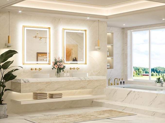 TETOTE 28 x 36 Bathroom LED Mirror Brushed Gold Metal Frame Frontlit & Backlit Vanity Mirror Anti-Fog Stepless Dimmable 3 Colors White/Warm/Natural with Lights Wall-Mounted