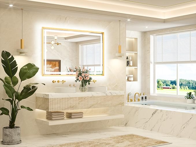 TETOTE 55 x 36 Bathroom LED Mirror Brushed Gold Metal Frame Frontlit & Backlit Vanity Mirror Stepless Dimmable Anti-Fog 3 Colors White/Warm/Natural Light up Vanity Wall-Mounted