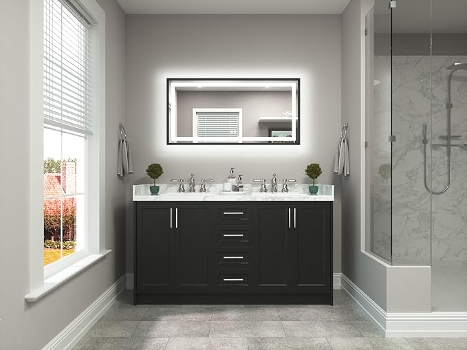 TETOTE 48 x 24 Bathroom LED Mirror Brushed Black Metal Frame Frontlit & Backlit Vanity Mirror Stepless Dimmable Anti-Fog 3 Colors White/Warm/Natural Light up Vanity Mirror Wall-Mounted