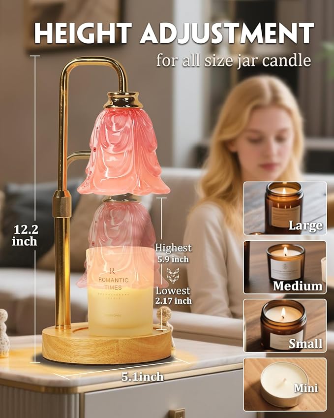 Small Candle Warmer Lamp with Timer, Adjustable Pink Flower Candle Heat Lamp, Unique Women's Gifts for Birthday, Dimmable Candles Heater, Christmas Gifts, Fashion Wax Warming Light with Wood Base