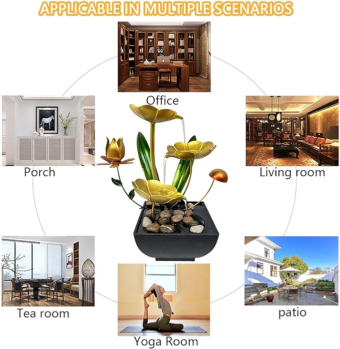 Water Fountain Indoor Waterfall Fountain Tabletop Fountain Lotus Desk Fountains mall Water Fountain Indoor Mini Waterfall Waterfall Iron Home Decor for Office Decoration (Golden C)