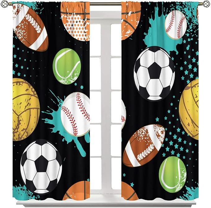 JESTRONRY Sport Window Curtains,Abstract Basketball Football Soccer Rugby Baseball Sports Theme Home Fabric Living Room Kids Boys Girls Teens Bedroom Home Decor Blackout Drapes W84xL84in
