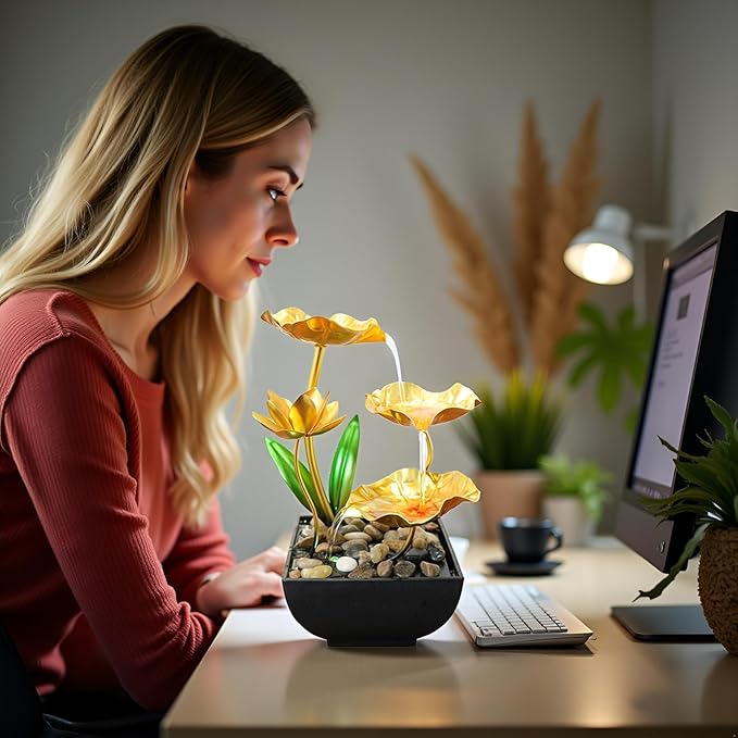 Gold Tabletop Water Fountain, Desktop Waterfall, Indoor Lotus Desktop Decorative Fountain, Home Bathroom Bedroom Decor.Thanksgiving Gift