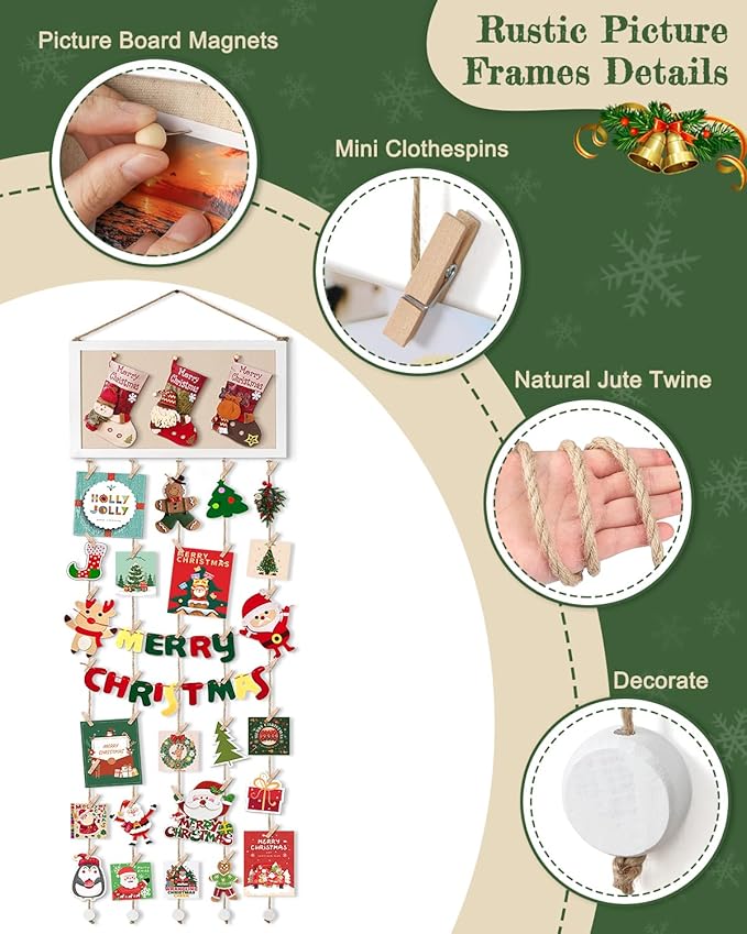 Bikoney Large Collage Picture Frame with Bulletin Board, Hanging Photo Display for Multiple Pictures, Wall Photo Organizer with 30 Clips & 6 Pushpins, Self Adhesive Hooks โ No Drill Wood Photo Board for Room Decor