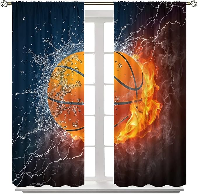 JESTRONRY Boys Basketball Curtains,Kids Sports Theme Fire Ball Water Flame Splashing Room Darkening Door Window Rod Pocket Curtain for Living Room Teen Men Bedroom Decor W42xL45in
