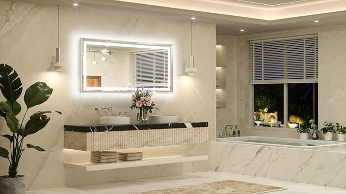 TETOTE 60 x 28 Large Bathroom Mirror Brushed Bright Nickel Metal Frame Frontlit & Backlit Vanity Mirror 3 Colors White/Warm/Natural Stepless Dimmable Anti-Fog Bathroom Mirrors for Vanity Wall-Mounted