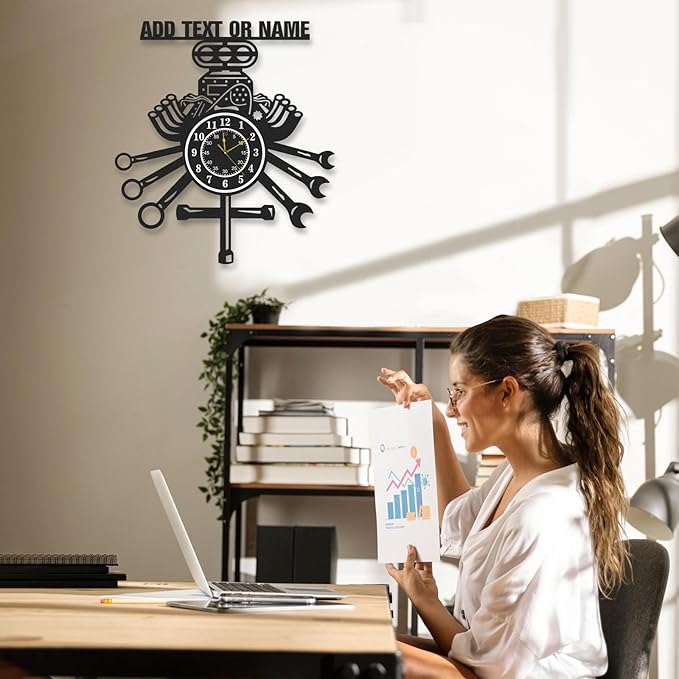 Personalized Garage Wall Clock, Repair Mechanic Tools Decorative Wall Clocks, Silent, Battery Operated, Garage Decor, Custom Name Shop Clocks for Workshop Man Cave, Gifts for Men Color06