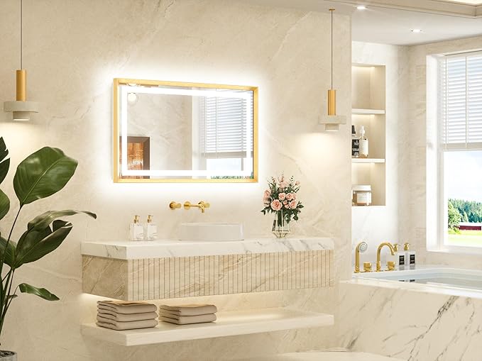 TETOTE 40 x 24 Led Mirror Brushed Gold Metal Frame Frontlit & Backlit Vanity Mirror Anti-Fog Stepless Dimmable 3 Colors White/Warm/Natural Wall Mirror with Lights Wall-Mounted