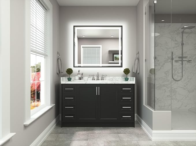 TETOTE 42 x 36 Led Mirror Brushed Black Metal Frame Frontlit & Backlit Vanity Mirror Anti-Fog Stepless Dimmable 3 Colors White/Warm/Natural Wall Mirror with Lights Wall-Mounted