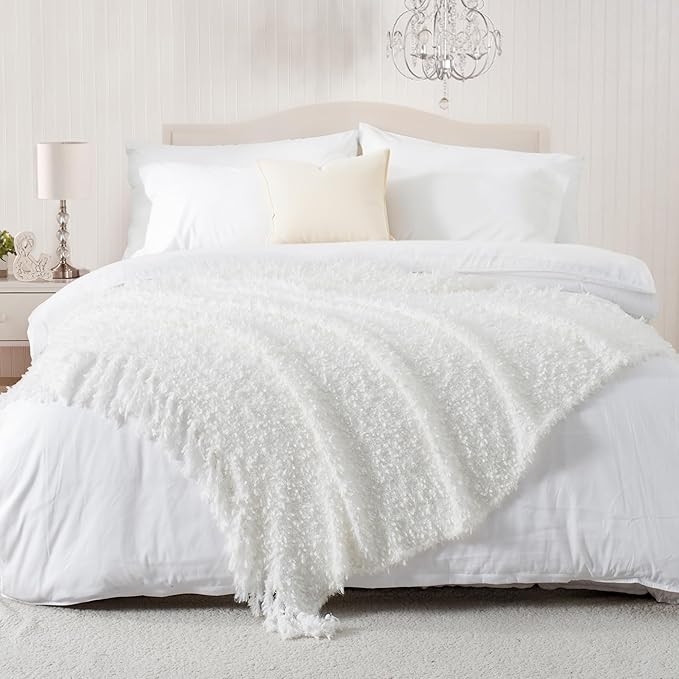 Winter Knit Throw Blanket Fluffy Fuzzy Soft Lightweight Cozy Farmhouse Tassels Chunky Knitted Throws for Couch Sofa Bed (White, 60"x80")