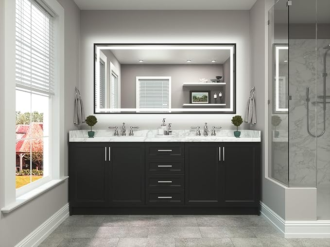 TETOTE 72 x 36 Large Bathroom Mirror Brushed Black Metal Frame Frontlit & Backlit Vanity Mirror 3 Colors White/Warm/Natural Stepless Dimmable Anti-Fog Bathroom Mirrors for Vanity Wall-Mounted