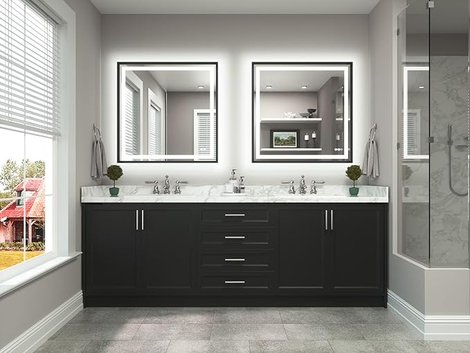 TETOTE Led Bathroom Mirror 36 x 36 with Brushed Black Frame Anti-Fog Frontlit & Backlit Vanity Mirror Stepless Dimmable Lighted Mirrors for Bathroom Wall 3 Colors White/Warm/Natural Wall-Mounted