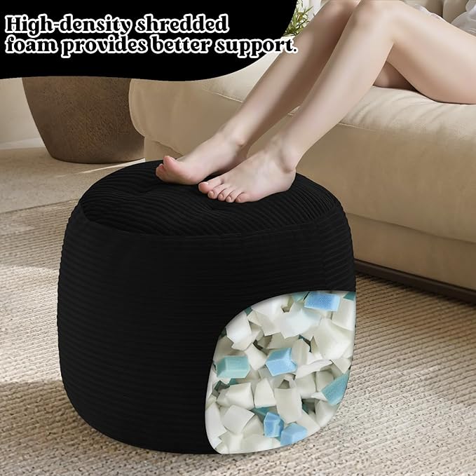 MeMoreCool Stuffed Round Pouf Ottoman Foot Rest, Floor Pouf Foot Stool with Soft Foam Chunk Filling, Round Small Ottoman Footstool Circle Footrest for Couch Living Room, Corduroy Black