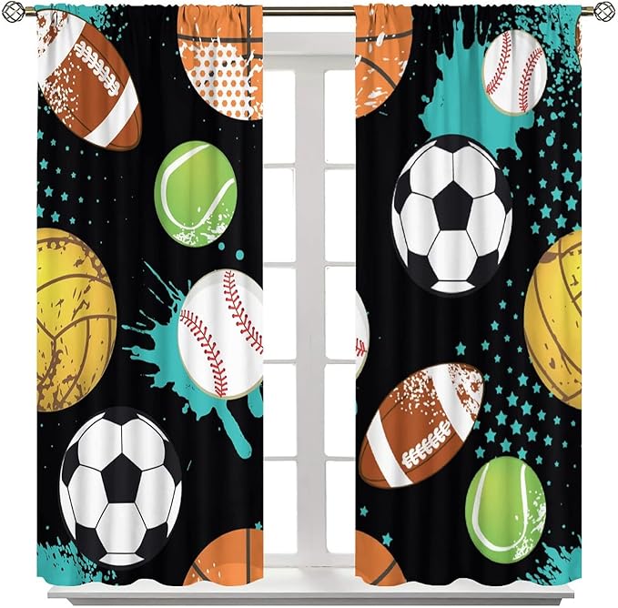 JESTRONRY Sport Window Curtains,Abstract Basketball Football Soccer Rugby Baseball Sports Theme Home Fabric Living Room Kids Boys Girls Teens Bedroom Home Decor Blackout Drapes W72xL63in