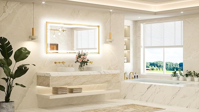 TETOTE 60 x 28 Bathroom Mirror Brushed Gold Metal Frame Frontlit & Backlit Vanity Mirror 3 Colors White/Warm/Natural Stepless Dimmable Anti-Fog Bathroom Mirrors for Vanity Wall-Mounted