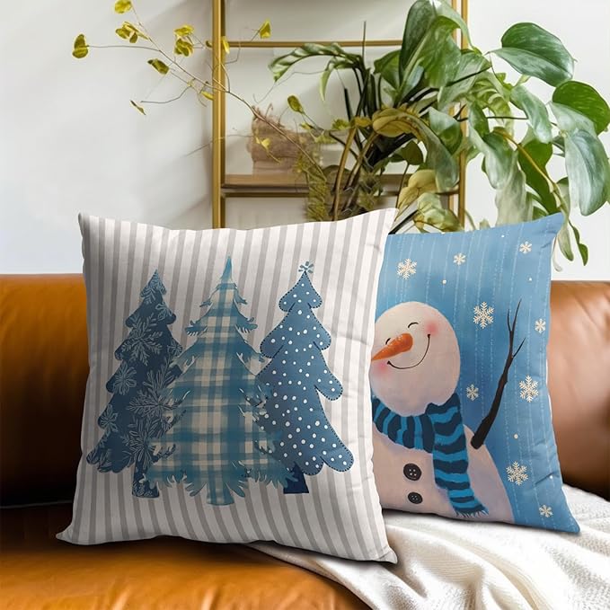 Winter Snowman Throw Pillow Covers - Buffalo Plaid Trees Pillow Covers 20x20 Set of 2 Snowflake Pillowcases Ice Crystal Snow Cushion Covers for Home Sofa Bed