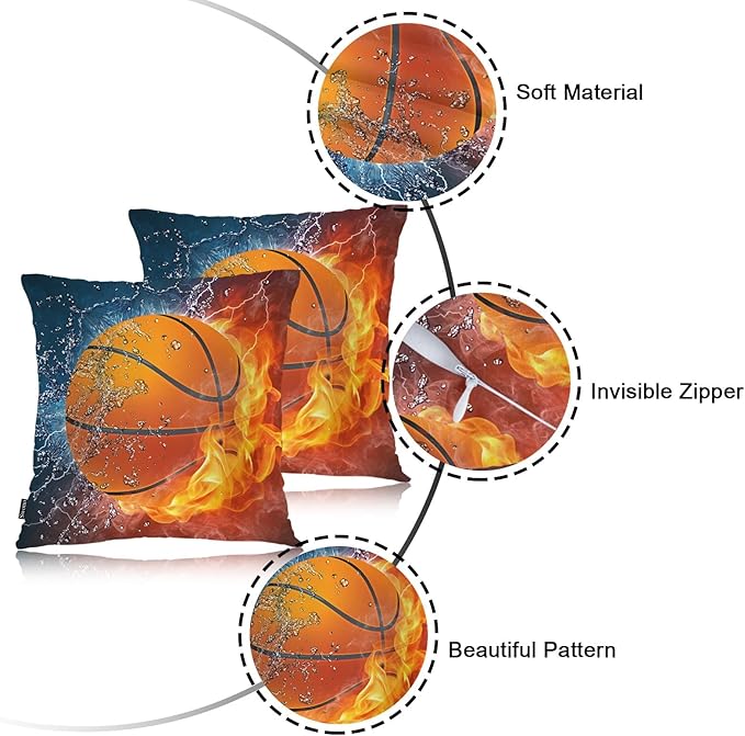Swono Basketball Pack of 2 Decorative Throw Pillow Covers Cushion Covers, Sport Basketball Ball in Water and Fire Couch Pillow Case Boho Cushion Pillowcase for Bedroom Sofa Living Room 18X18 Inches