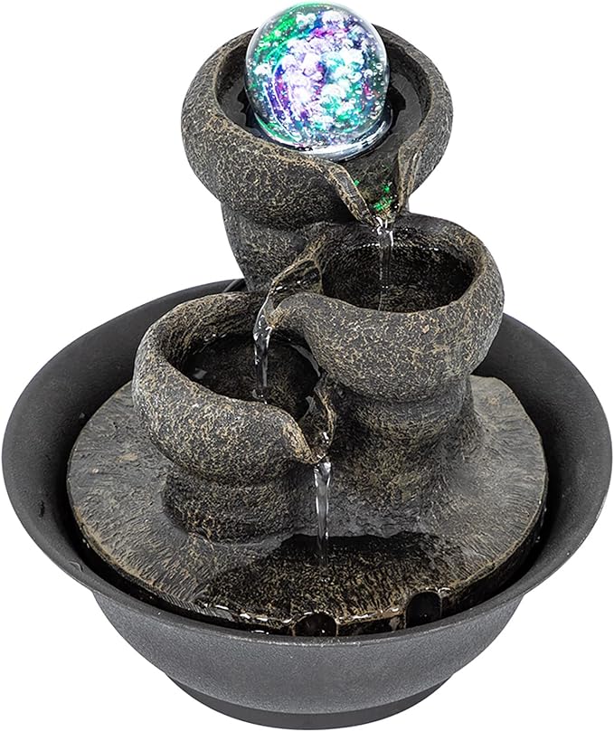 Ferrisland Tabletop Waterfall Fountain - 3-Step Modern Water Fountain with LED Light for Office Desktop Decor
