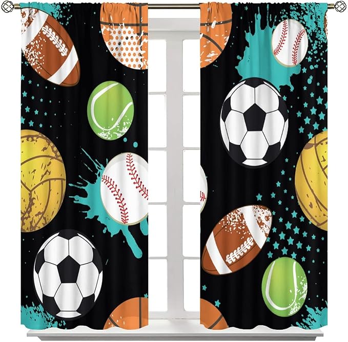 JESTRONRY Sport Window Curtains,Abstract Basketball Football Soccer Rugby Baseball Sports Theme Home Fabric Living Room Kids Boys Girls Teens Bedroom Home Decor Blackout Drapes W55xL63in