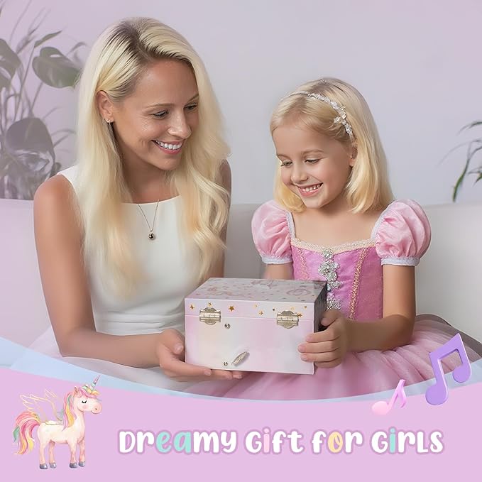 Lolalet Unicorn Music Jewelry Box for Girls, Kids Musical Jewelry Boxes with Spinning Unicorn Doll, Cute Children's Jewelry Storage Organizer Gift for Little Girls Age 3-8 -Pink (Box with Jewelry)