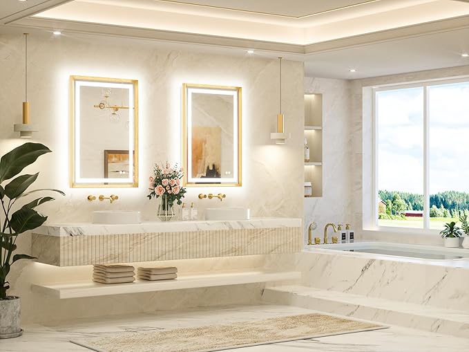 TETOTE 24 x 36 Bathroom LED Mirror Brushed Gold Metal Frame Frontlit & Backlit Anti-Fog Stepless Dimmable 3 Colors White/Warm/Natural Mirror with Lights Wall-Mounted