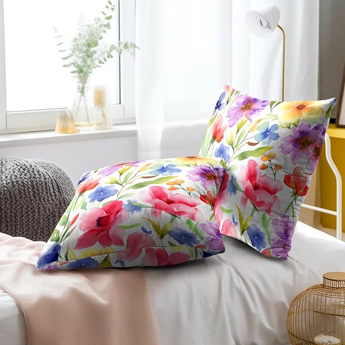 Spring Summer Throw Pillow Covers - Watercolor Flowers Pillow Covers 18x18 Inch Set of 2 Floral Pillowcase Botanical Blossom Cushion Cover for Couch Sofa Garden Patio