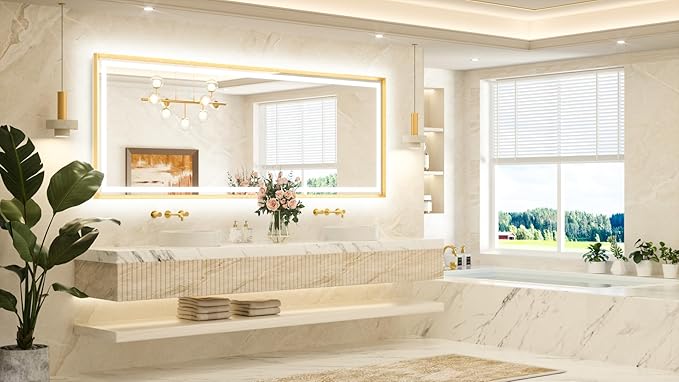 TETOTE 96 x 36 Large Brushed Gold Metal Frame Bathroom Mirror with Light Frontlit & Backlit Vanity Mirror Anti-Fog Stepless Dimmable 3 Colors White/Warm/Natural Wall-Mounted