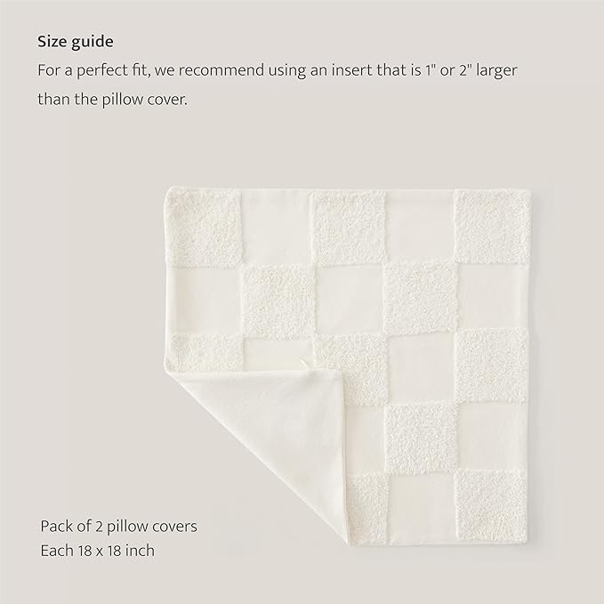 Double Stitch Checkered Throw Pillow Covers - 100% Cotton Set of 2 Tufted Boho Decorative Pillow Covers 18x18, Made in India, Square Cushion Case, Modern Home Decor for Couch, Sofa, Living Room, Cream