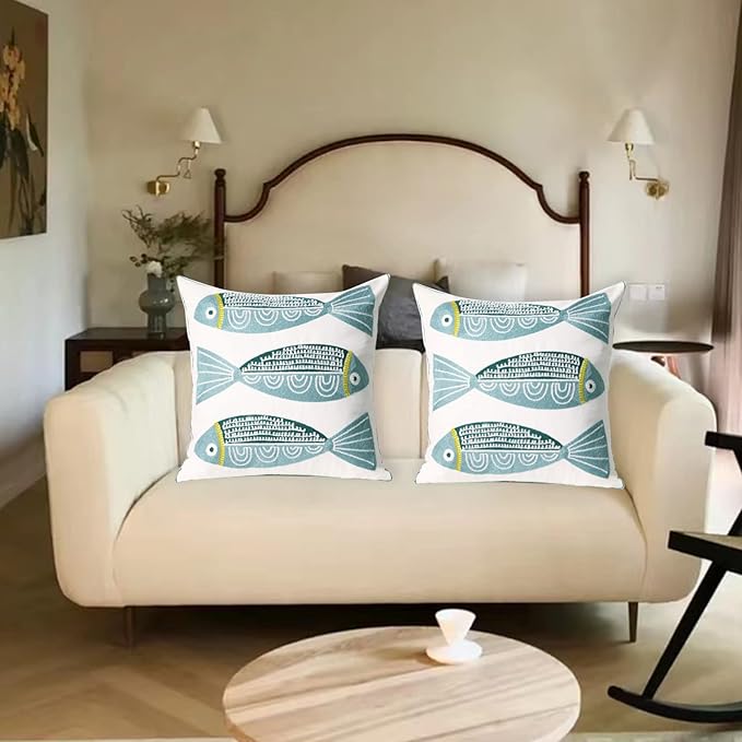 1 PCS Embroidered Throw Pillow Cover Cotton Decorative Square Cushion Cases for Home Sofa Bed and Chair 18 x 18 Inch (Blue Fish)