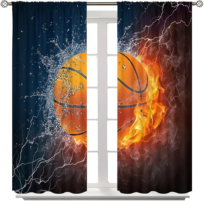 JESTRONRY Boys Basketball Curtains,Kids Sports Theme Fire Ball Water Flame Splashing Room Darkening Door Window Rod Pocket Curtain for Living Room Teen Men Bedroom Decor W63xL63in