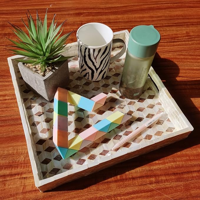 I-lan 12 Inch Mother of Pearl Square Serving Trays with Handles and 2”Wall, Large Brown Ottoman Tray with Rhombus Inlay Nacre, Decorative Lacquer Wooden Shell Tray for Food, Catering, Display, XS-12