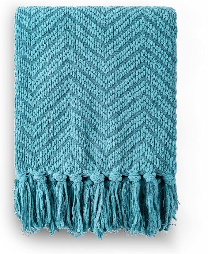 BATTILO HOME Teal Throw Blanket for Couch, Knit Woven Turquoise Blankets Versatile for Chair, Super Soft Warm Decorative Green Blanket with Tassels for Bed Sofa, 50"x60"