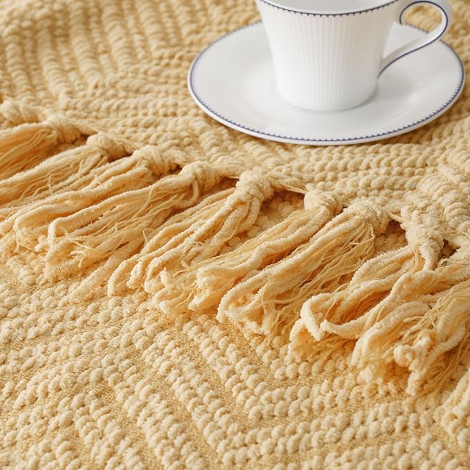 BATTILO HOME Gold Throw Blanket for Couch, Knit Yellow Throw Versatile for Chair, Super Soft Warm Mustard Throw Blanket with Tassels for Twin Bed, Sofa and Living Room, 60"x80"