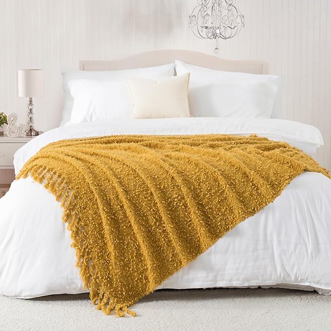 Winter Knit Throw Blanket Fluffy Fuzzy Soft Lightweight Cozy Farmhouse Tassels Chunky Knitted Throws for Couch Sofa Bed (Mustard Yellow, 60"x80")