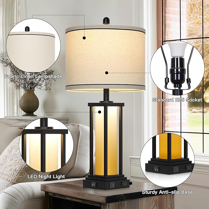 27" Tall Vintage Table Lamp Set of 2 with USB C+A & Outlet,Farmhouse Nightstand Lamp for Living Room,Rustic Retro Bedside Lamps with Red-Orange Glass Night Light for Bedroom Entryway,Black-2